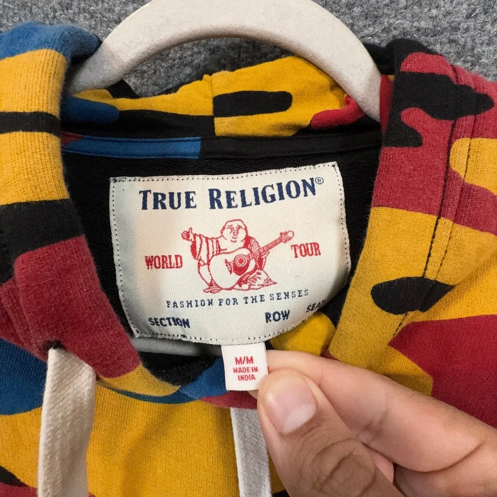 True Religion Hoodie Mens Medium Multi Camo Buddha Logo Pullover Streetwear